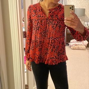 Xirena cotton blouse, red and black fun pattern, size S